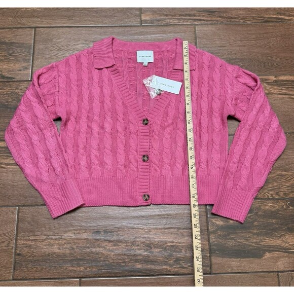 Pink Womens Cropped Cable Knit Cardigan Button-Up Barbiecore Rose Sz M NWT - Picture 3 of 7